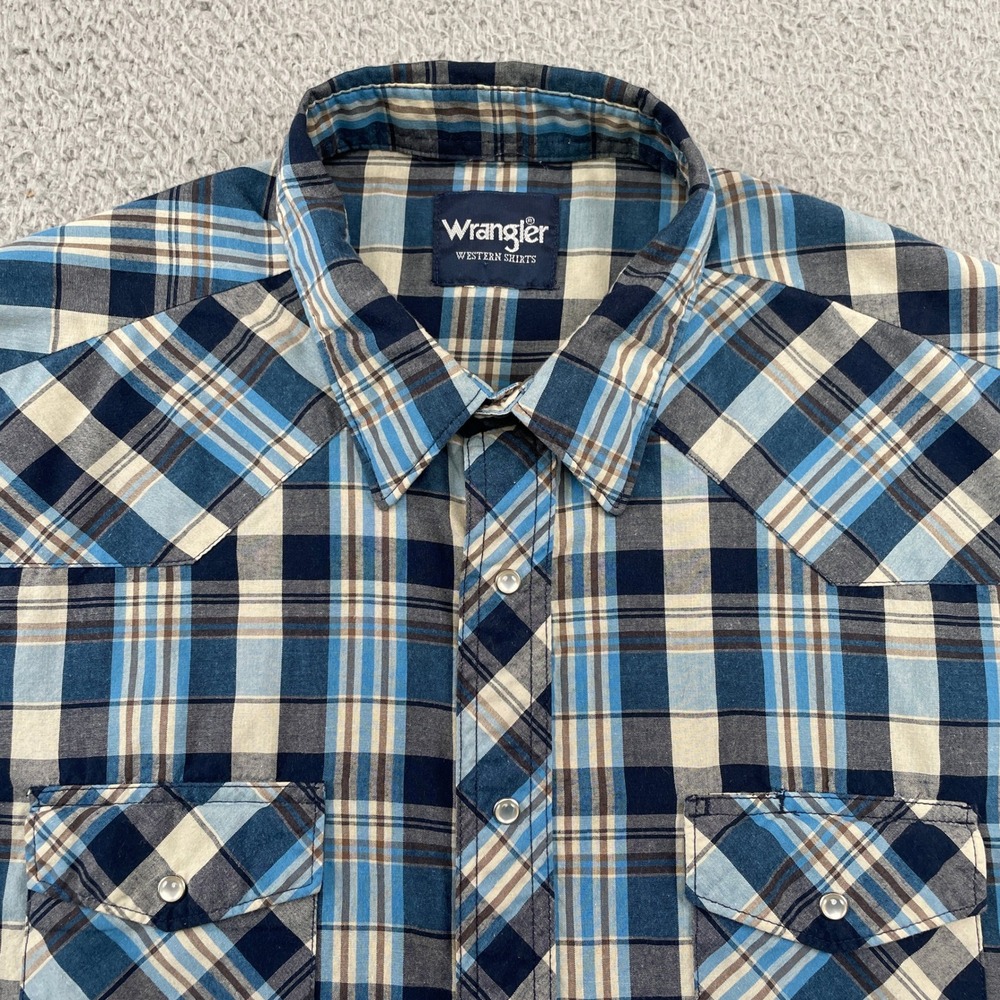 Wrangler Western Shirt Mens XXL Blue Plaid Pearl Snap Short Sleeve Casual Yoke
